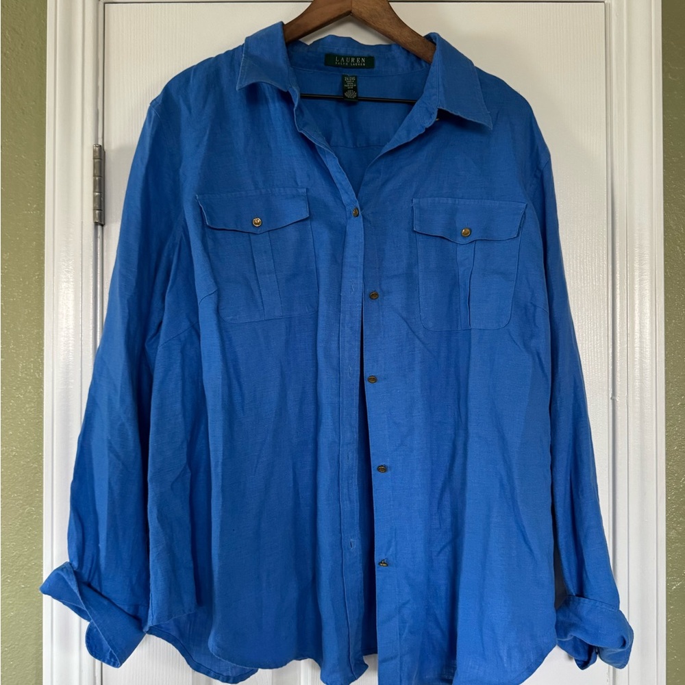 100% linen Lauren by Ralph Lauren Vibrant Blue Shirt w/gold toned anchor buttons